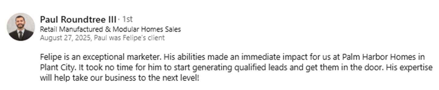 Paul Roundtree III LinkedIn recommendation for Burrow Agency from Palm Harbor Homes