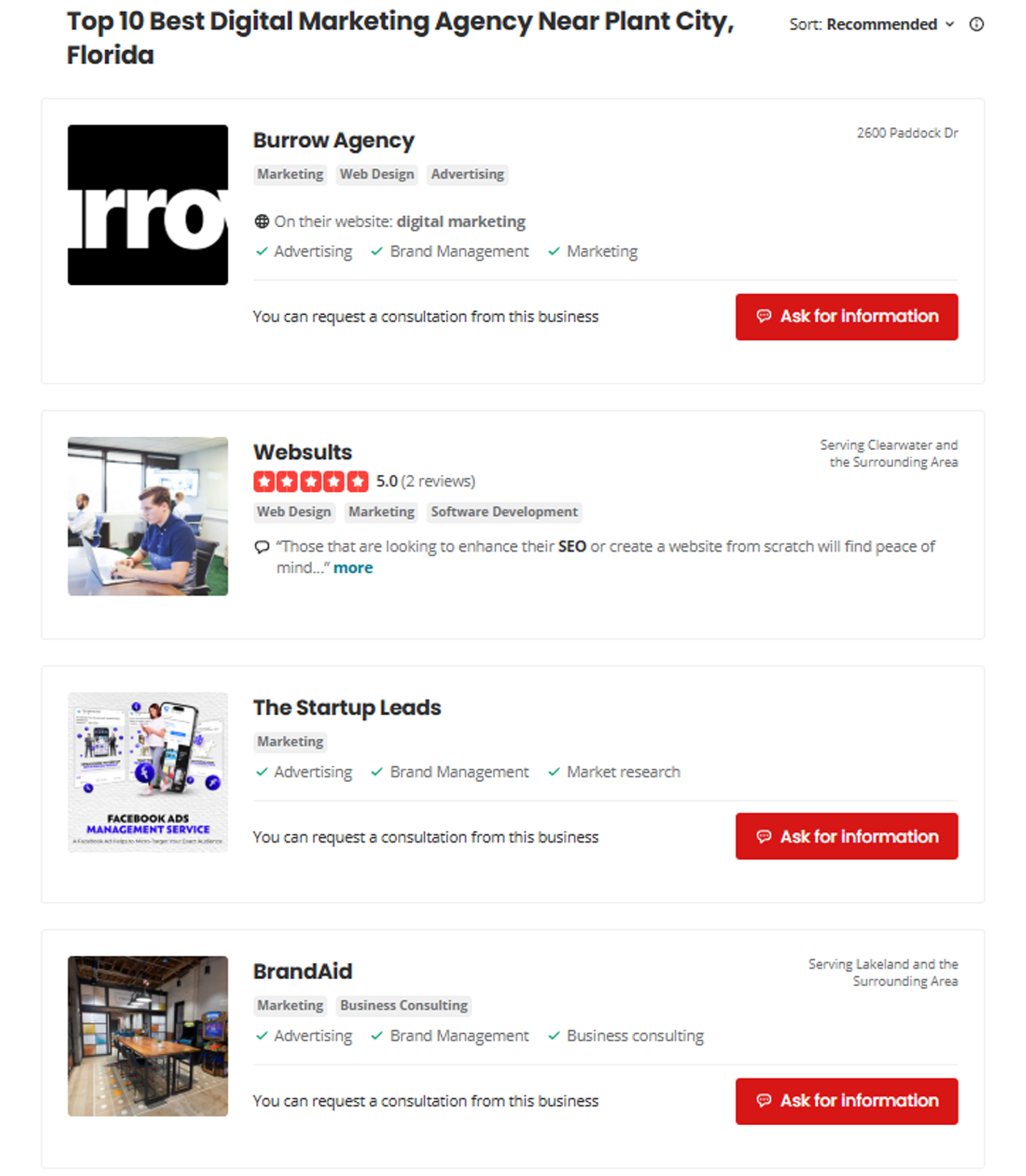 Yelp Top 10 Best Digital Marketing Agencies near Plant City Florida ranking including Burrow Agency
